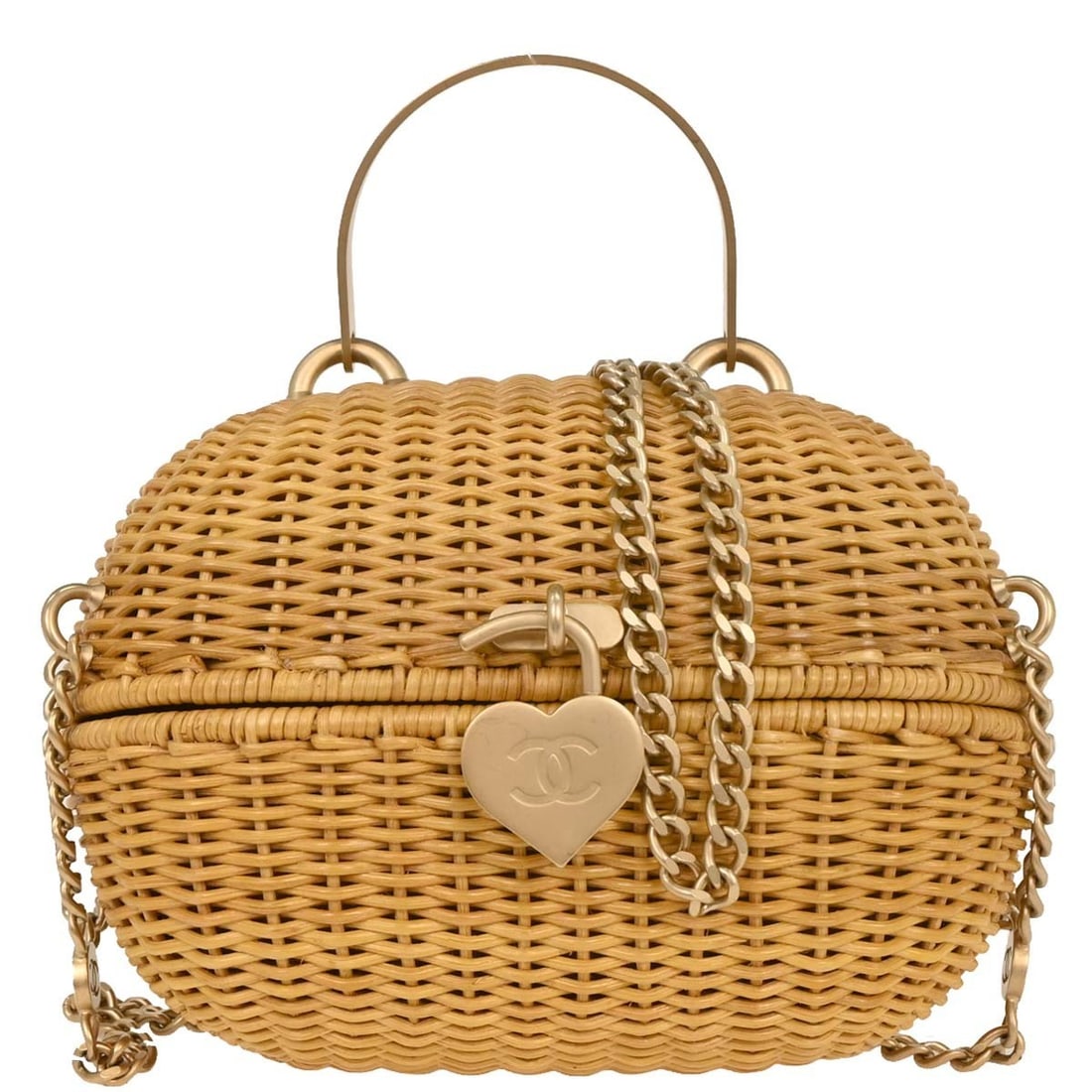 Chanel Mini Rattan Heart Lock Beige Basket Shoulder Crossbody Bag: Chanel Mini Rattan Heart Lock Beige Basket Shoulder Crossbody Bag This Chanel mini basket bag features a heart lock design crafted from beige rattan. Designed for women, it offers versatile styling as