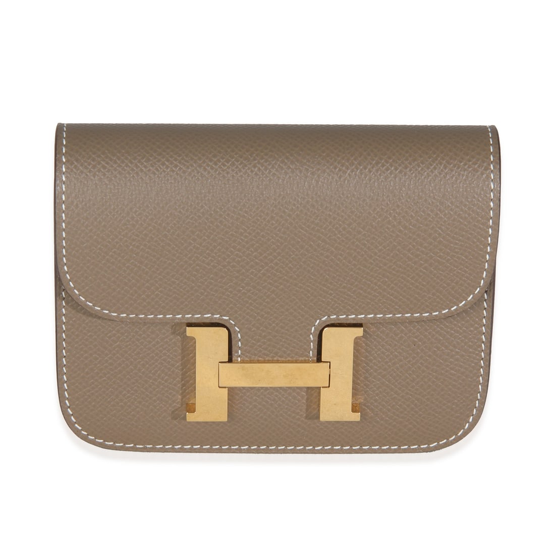Hermes Constance Slim Wallet in Etoupe Epsom Leather with Gold-Tone Hardware: Hermes Constance Slim Wallet in Etoupe Epsom Leather with Gold-Tone Hardware This Hermes Constance Slim Wallet features a gray Epsom leather exterior with gold-tone hardware and a magnetic snap closur