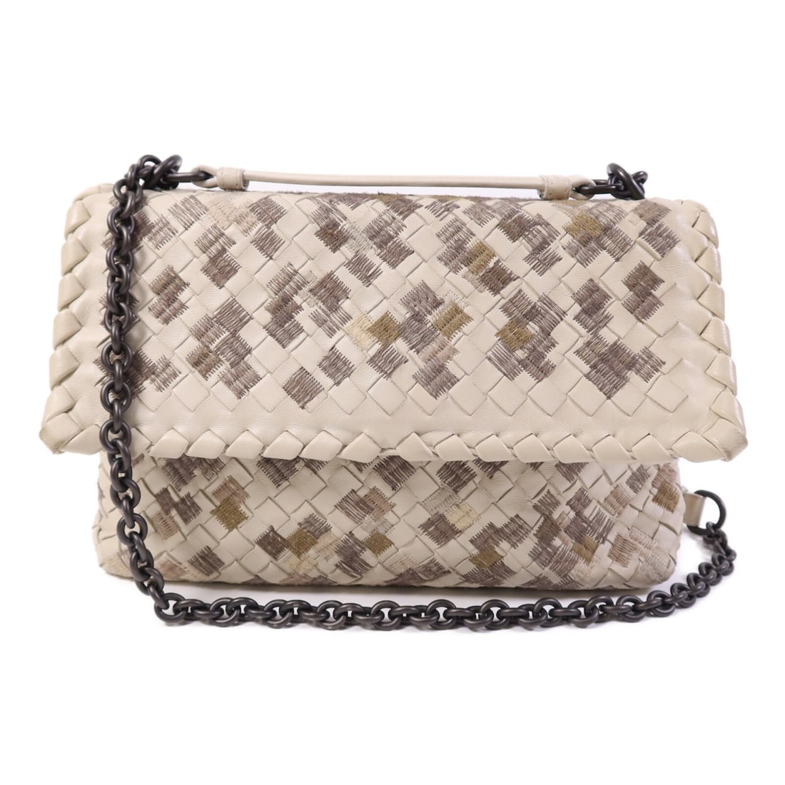 BOTTEGA VENETA White Calfskin Leather Shoulder Bag: BOTTEGA VENETA White Calfskin Leather Shoulder Bag This stylish shoulder bag by Bottega Veneta is crafted from high-quality calfskin leather, showcasing a sleek white exterior. With reasonable wear an