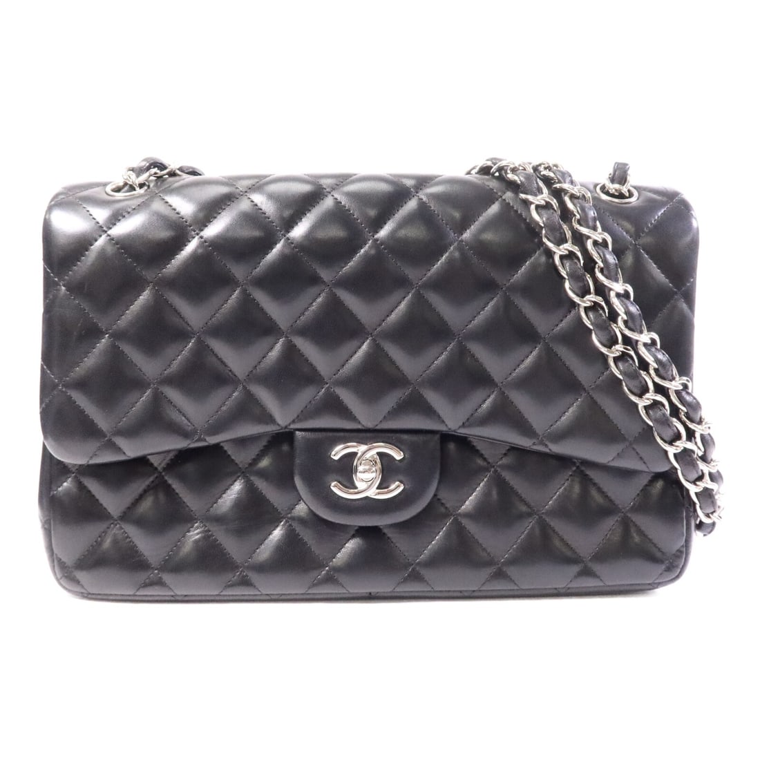 Black Lambskin Classic Large Shoulder Bag by Chanel with Silver Chain: Black Lambskin Classic Large Shoulder Bag by Chanel with Silver Chain This is a CHANEL large classic chain shoulder bag crafted from luxurious black lambskin leather. The bag features the signature CC