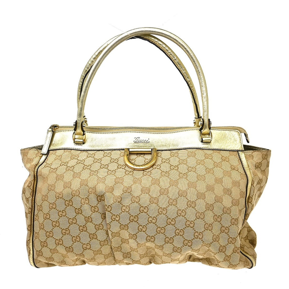Gucci Abbey GG Canvas Leather Tote Bag Brown 17 in: Gucci Abbey GG Canvas Leather Tote Bag Brown 17 in This Gucci Abbey D Ring Tote Bag features a beige GG canvas with brown leather trim, offering a classic and sophisticated look. Designed in a large s