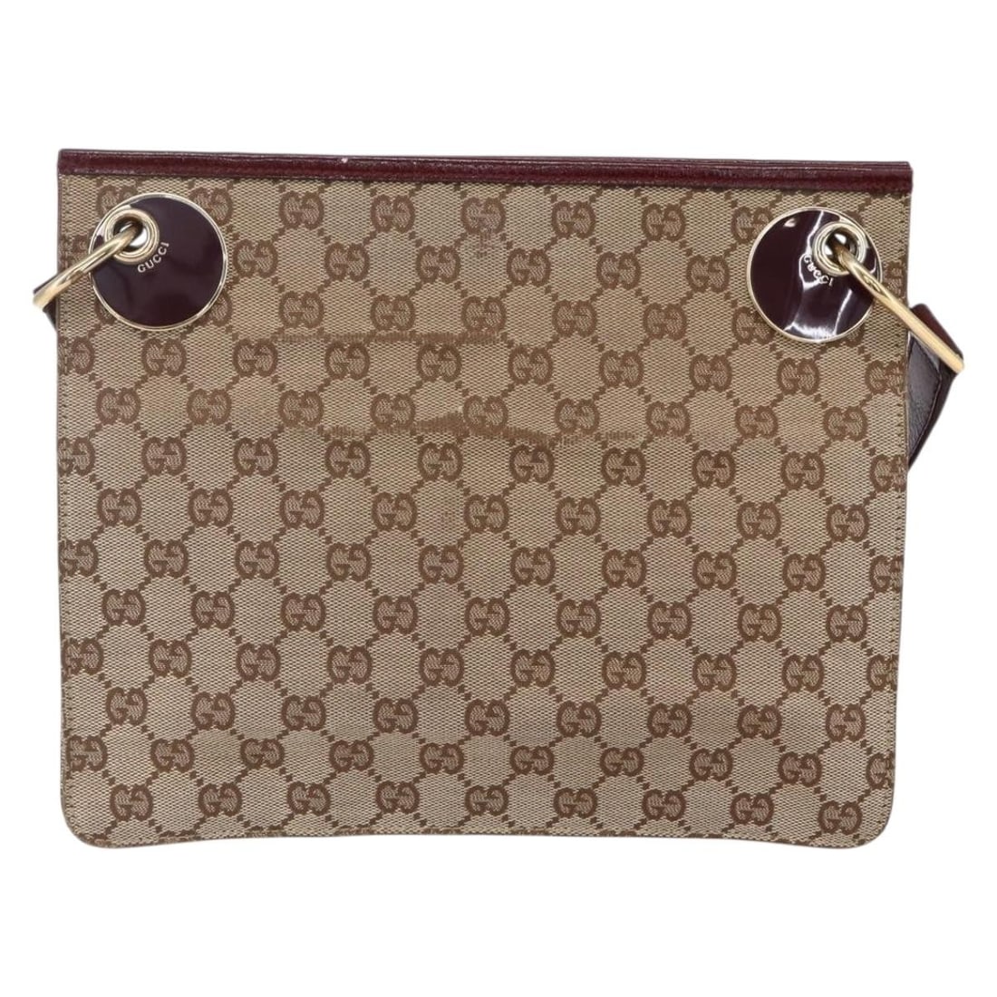 Beige Canvas Eclipse Messenger Bag by Gucci for Women: Beige Canvas Eclipse Messenger Bag by Gucci for Women This Gucci Eclipse Messenger bag is crafted in beige GG canvas with a compact and practical design for everyday use. It features subtle wear inclu