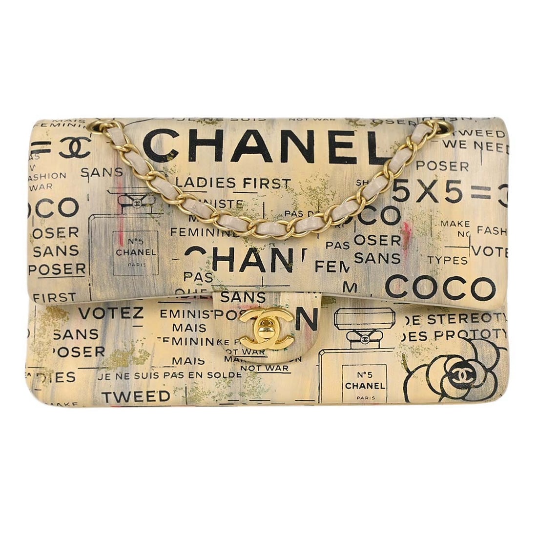 CHANEL Beige Lambskin Matelasse Medium Double Flap Shoulder Bag: CHANEL Beige Lambskin Matelasse Medium Double Flap Shoulder Bag This Chanel Classic Double Flap bag features a limited edition newspaper design in beige lambskin leather. The medium-sized shoulder bag
