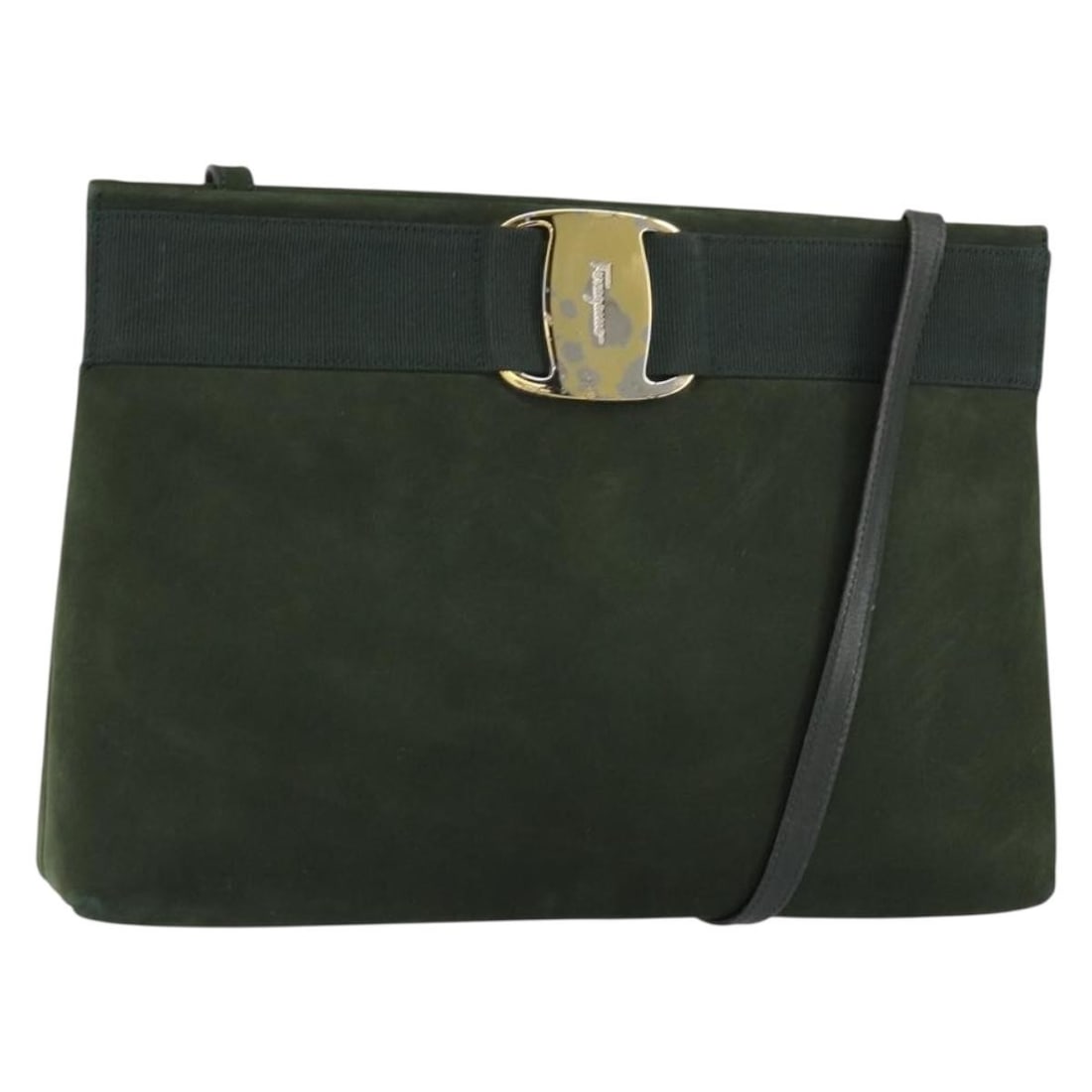 Khaki Suede Vala Shoulder Bag by Salvatore Ferragamo: Khaki Suede Vala Shoulder Bag by Salvatore Ferragamo This pre-owned Salvatore Ferragamo Vala shoulder bag for women features khaki suede material with visible signs of wear including surface loss of s