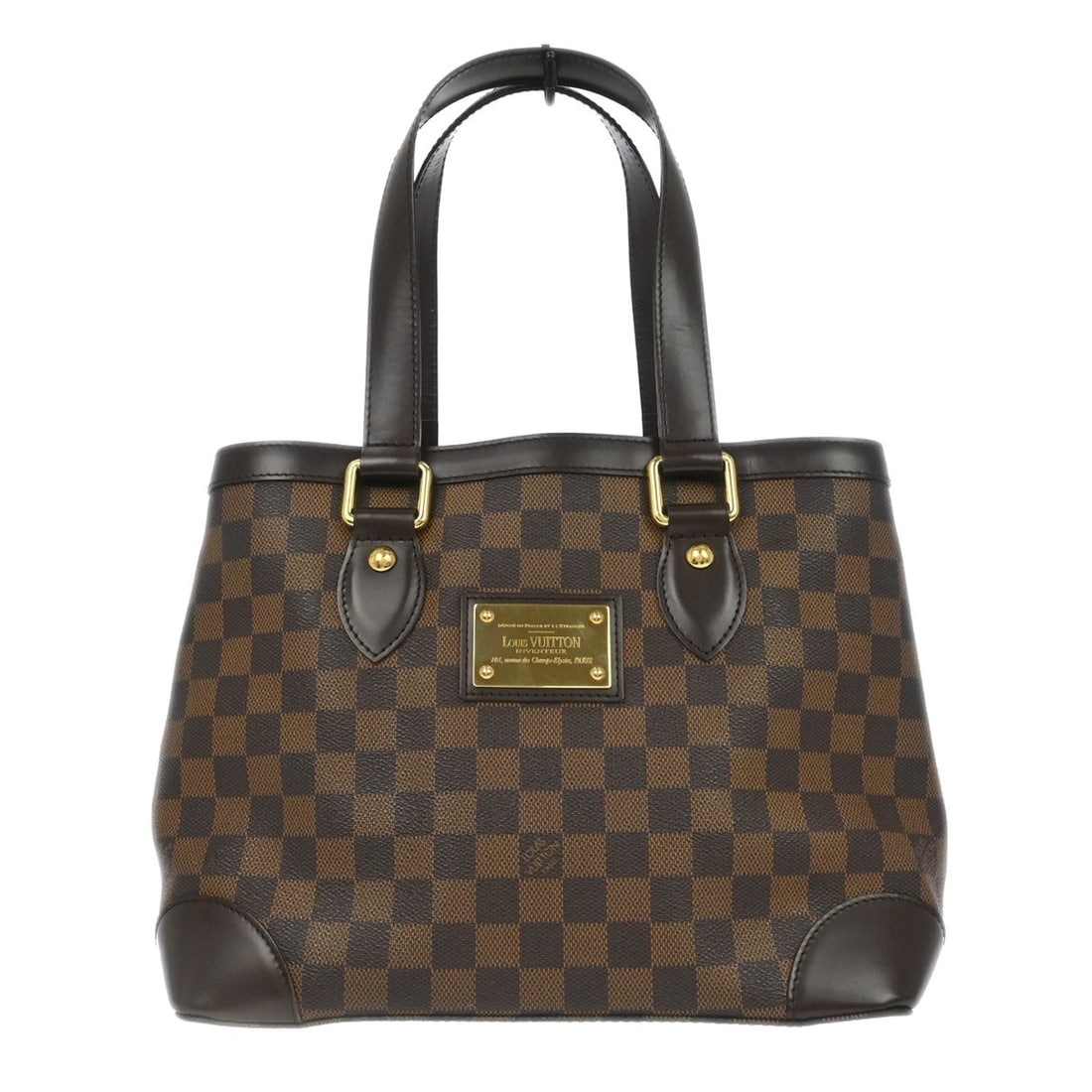 Louis Vuitton Hampstead PM Damier Ebene Tote Bag: Louis Vuitton Hampstead PM Damier Ebene Tote Bag This Louis Vuitton Hampstead PM tote features the signature Damier Ebene canvas with leather trim and double handles. The bag is designed with a check 