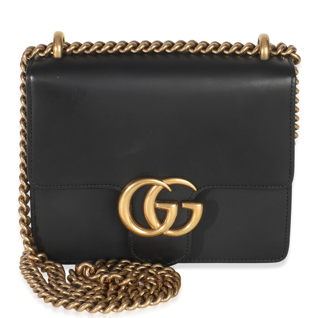 Small GG Marmont Black Leather Shoulder Chain Bag by Gucci: Small GG Marmont Black Leather Shoulder Chain Bag by Gucci This Gucci Small GG Marmont Chain Bag features smooth black calfskin leather with gold-tone hardware and a push lock closure. The bag is line