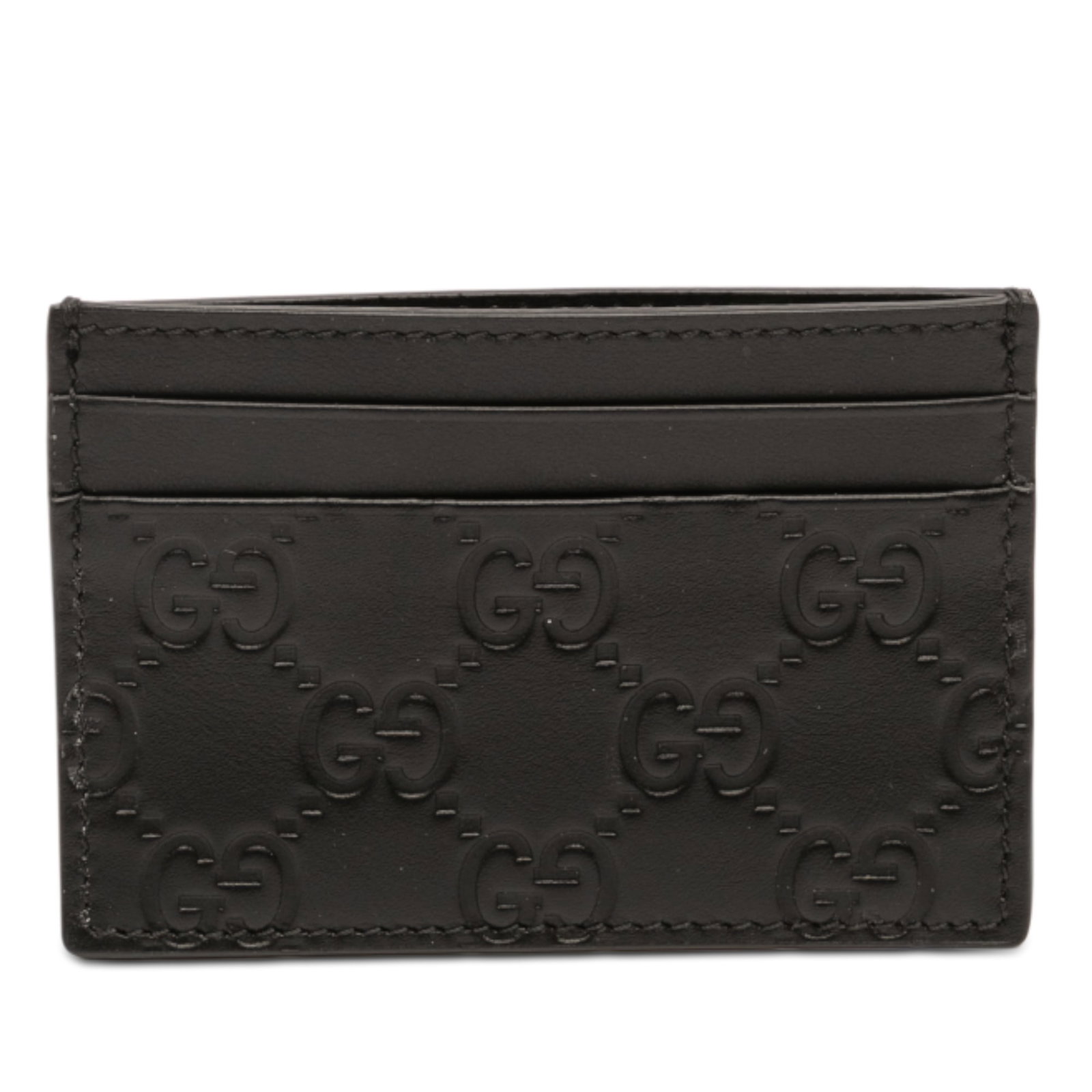 Black Leather Card Case by Gucci Guccissima: Black Leather Card Case by Gucci Guccissima This card holder features an embossed leather exterior with multiple card slots. It is crafted in black leather and showcases the Guccissima design. Specifi