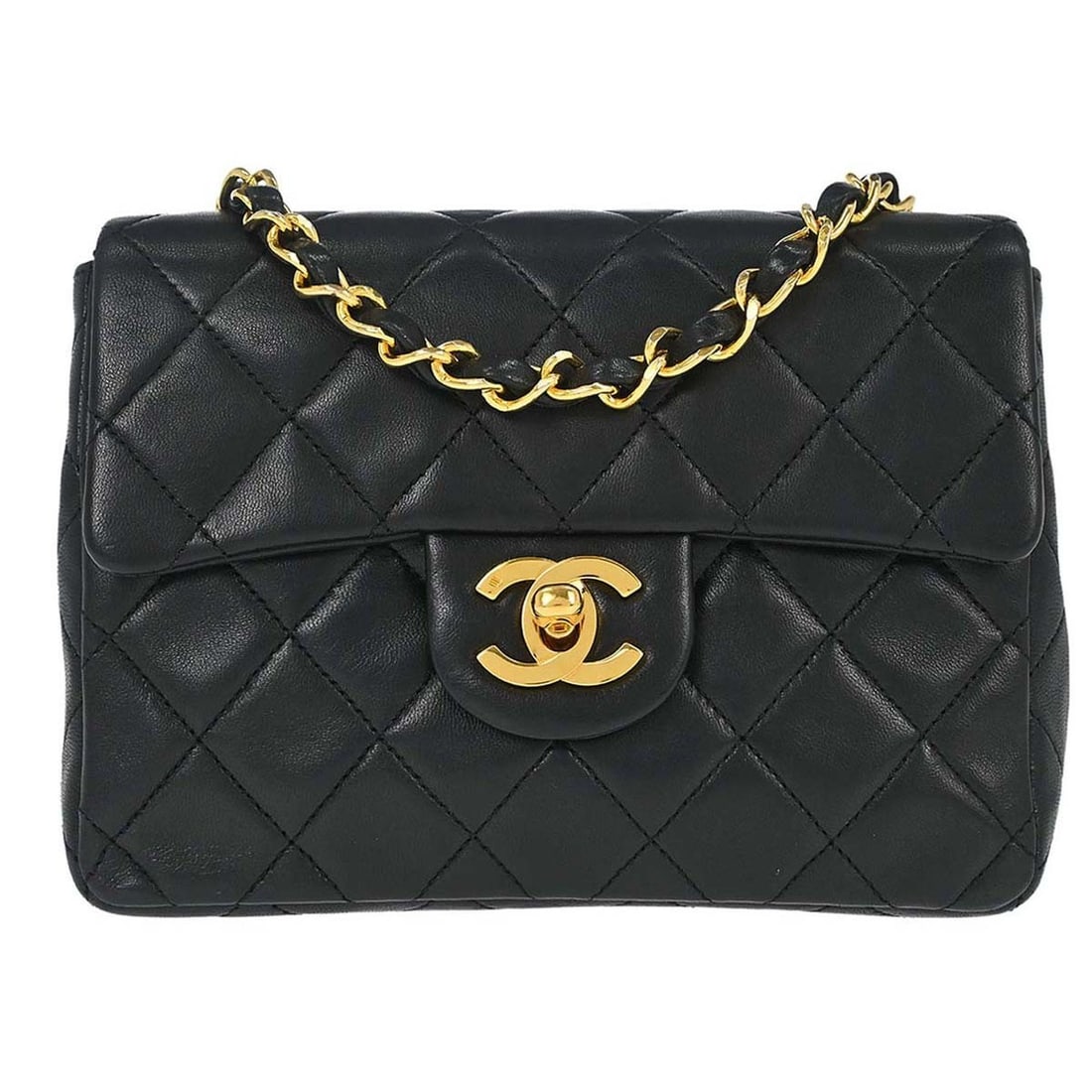 CHANEL Classic Flap black lambskin crossbody bag square mini: CHANEL Classic Flap black lambskin crossbody bag square mini This Chanel Mini Classic Square Flap Shoulder Bag features a luxurious black lambskin leather exterior with a signature matelasse quilted p