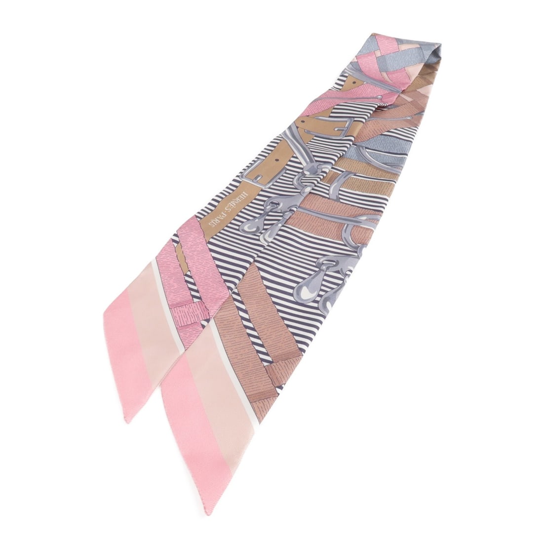 Silk Twilly Scarf in Pink by Hermes France: Silk Twilly Scarf in Pink by Hermes France This Hermes Twilly scarf is crafted from luxurious silk in a pink hue with gray accents. Made in France, it features a regular size and offers a pristine, un