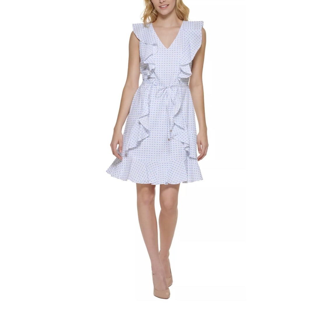 Tommy Hilfiger Women's 14 Flutter Sleeve Clip Dot V Neck Fit & Flare Dress White Blue (1 of 4)