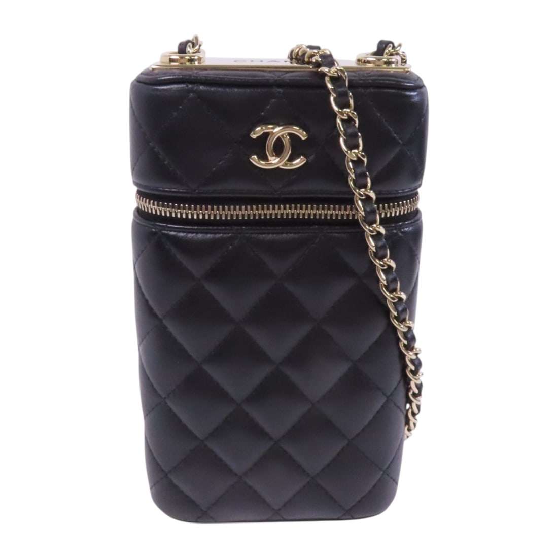 CHANEL CC Vanity Phone Case Black Lambskin Shoulder Bag: CHANEL CC Vanity Phone Case Black Lambskin Shoulder Bag This CHANEL shoulder bag is crafted from luxurious black lambskin leather and features gold-tone hardware. Designed as a vanity phone case with 