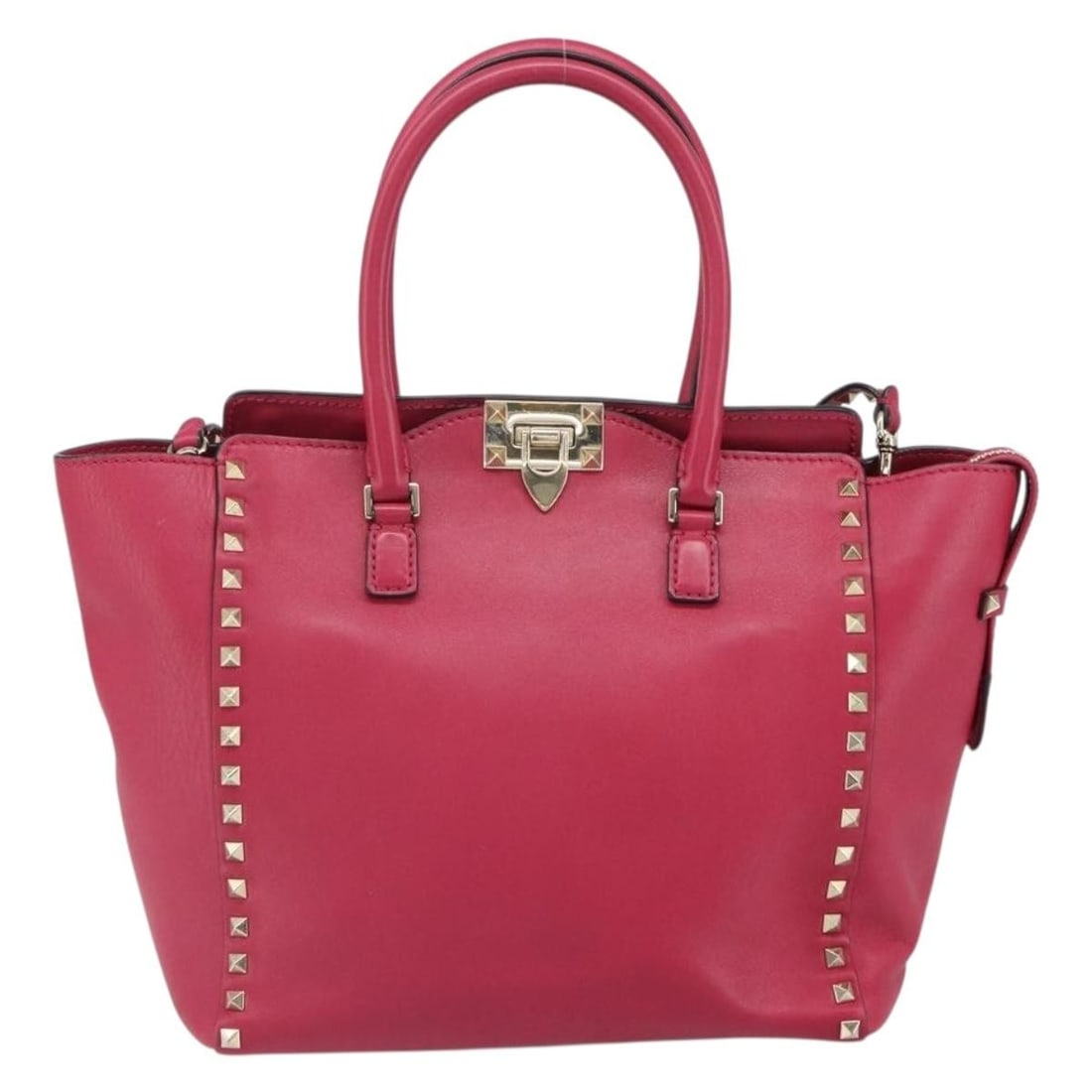 Pink Leather Tote Valentino Garavani Rockstud 25cm x 25cm x 13cm: Pink Leather Tote Valentino Garavani Rockstud 25cm x 25cm x 13cm This Valentino Garavani Rockstud Tote is crafted from leather in a pink shade, designed for female use. The tote features a rigid struc