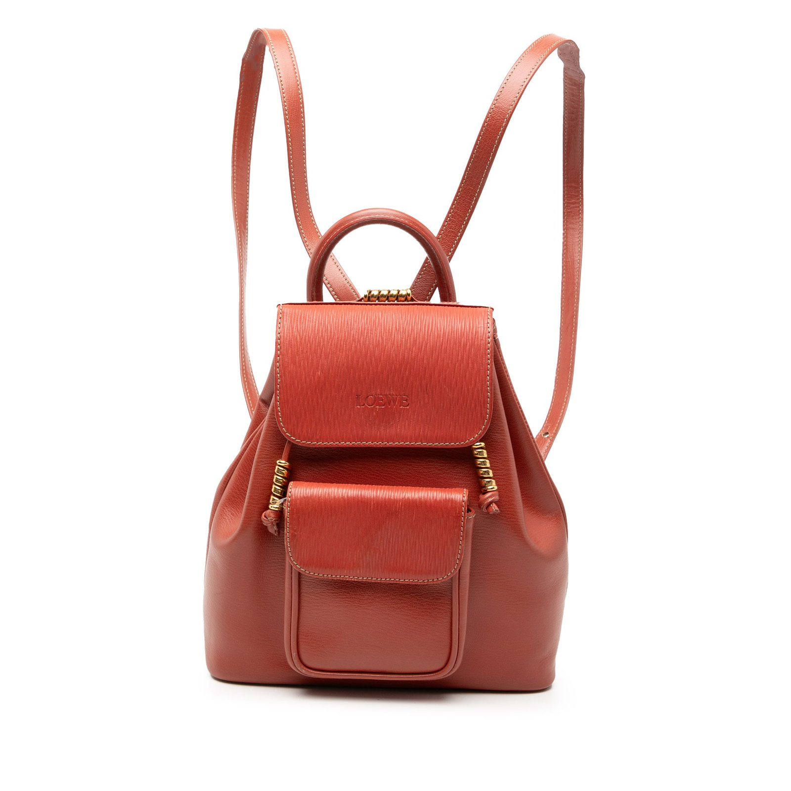 LOEWE Velazquez Twist red leather backpack: LOEWE Velazquez Twist red leather backpack This LOEWE Leather Velazquez Twist Backpack features a red leather body with a rolled leather top handle and flat leather back straps. The design includes a 