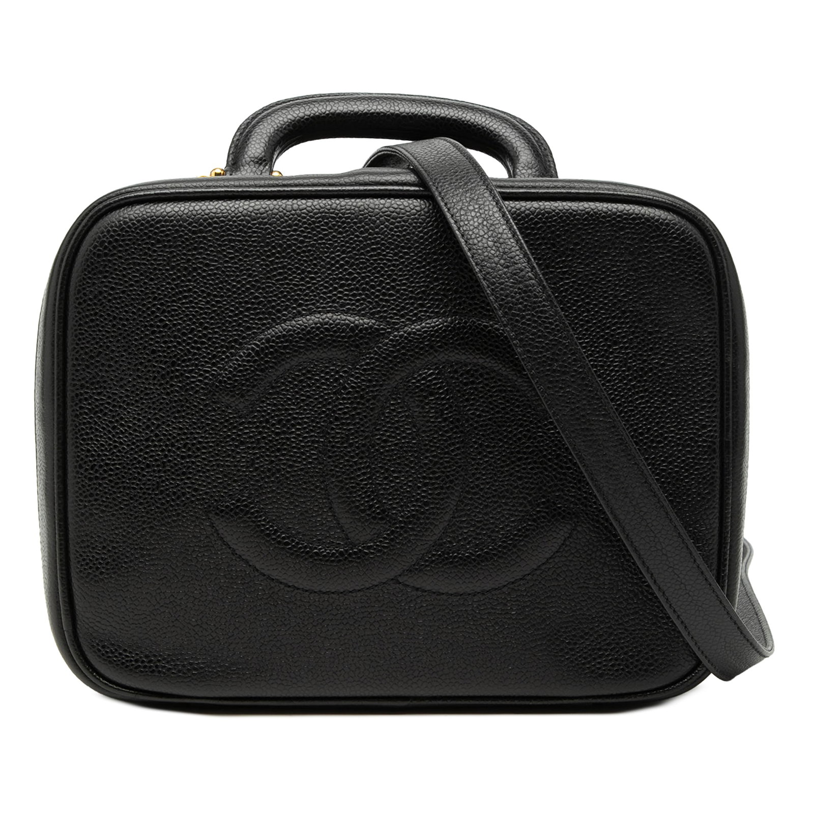 Chanel black caviar leather vanity bag with strap: Chanel black caviar leather vanity bag with strap This Chanel CC Caviar Vanity Case is crafted from black caviar leather and features a structured silhouette with a flat top handle and a detachable fl
