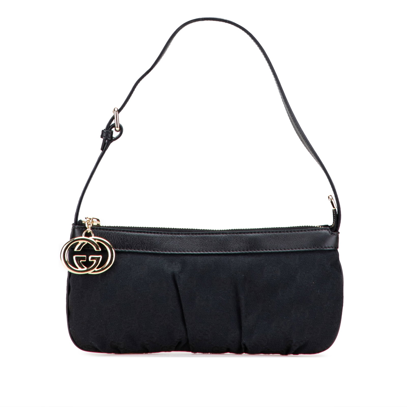 Gucci GG Canvas Leather Trim Zip Shoulder Bag: Gucci GG Canvas Leather Trim Zip Shoulder Bag This Gucci GG Canvas Interlocking G Shoulder Bag features a durable canvas body with leather trim, a flat leather strap, and a secure top zip closure. The