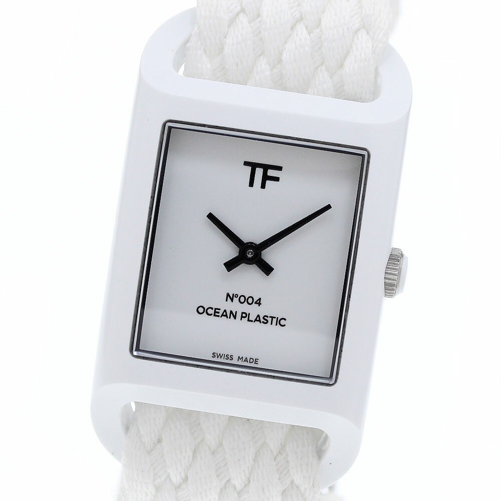 Tom Ford N.004 Ocean Plastic Quartz Wristwatch: Tom Ford N.004 Ocean Plastic Quartz Wristwatch This Tom Ford N.004 Ocean Plastic Timepiece is a men's quartz wristwatch crafted in Switzerland. The watch features a white dial, a plastic case, and a n