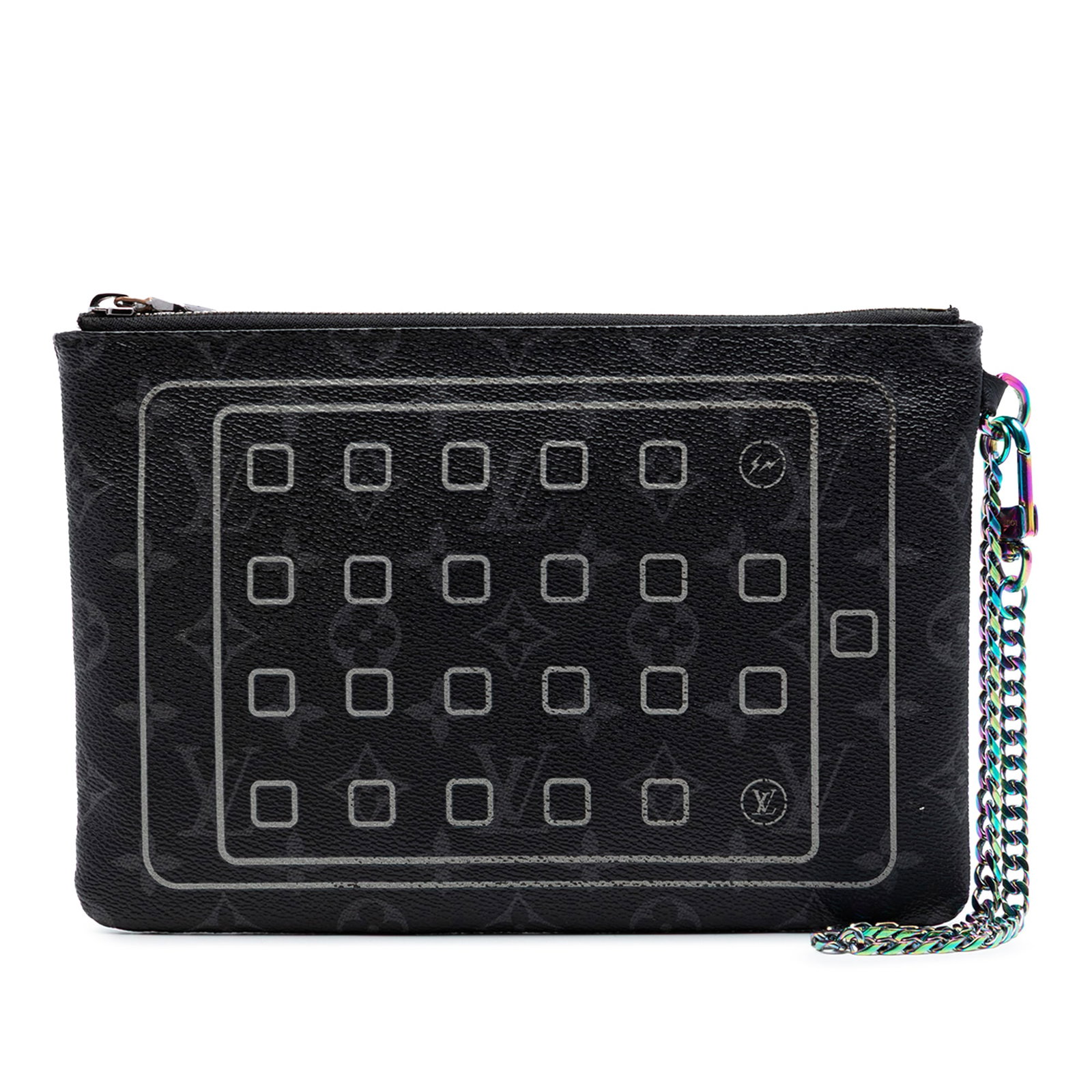 Louis Vuitton Eclipse Flash Fragment iPad Case: Louis Vuitton Eclipse Flash Fragment iPad Case This Louis Vuitton Monogram Eclipse Flash Fragment iPad Case features a printed monogram eclipse canvas body, a chain link handle, a top zip closure, and