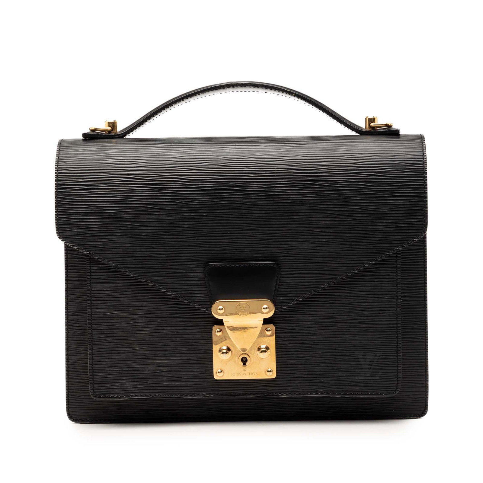 Louis Vuitton Monceau 28 Epi Leather Black Handbag with Top Handle: Louis Vuitton Monceau 28 Epi Leather Black Handbag with Top Handle The Louis Vuitton Epi Monceau 28 features a distinctive epi leather body in black, complemented by a flat leather top handle. It is d