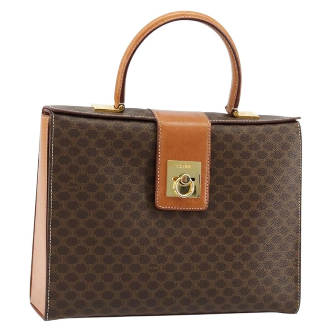 CELINE Macadam Canvas Brown Gold Handbag PVC Leather Auth 177206A: CELINE Macadam Canvas Brown Gold Handbag PVC Leather Auth 177206A This CELINE Macadam Canvas hand bag is crafted from brown and gold PVC leather, featuring the iconic Macadam pattern. Designed for wom