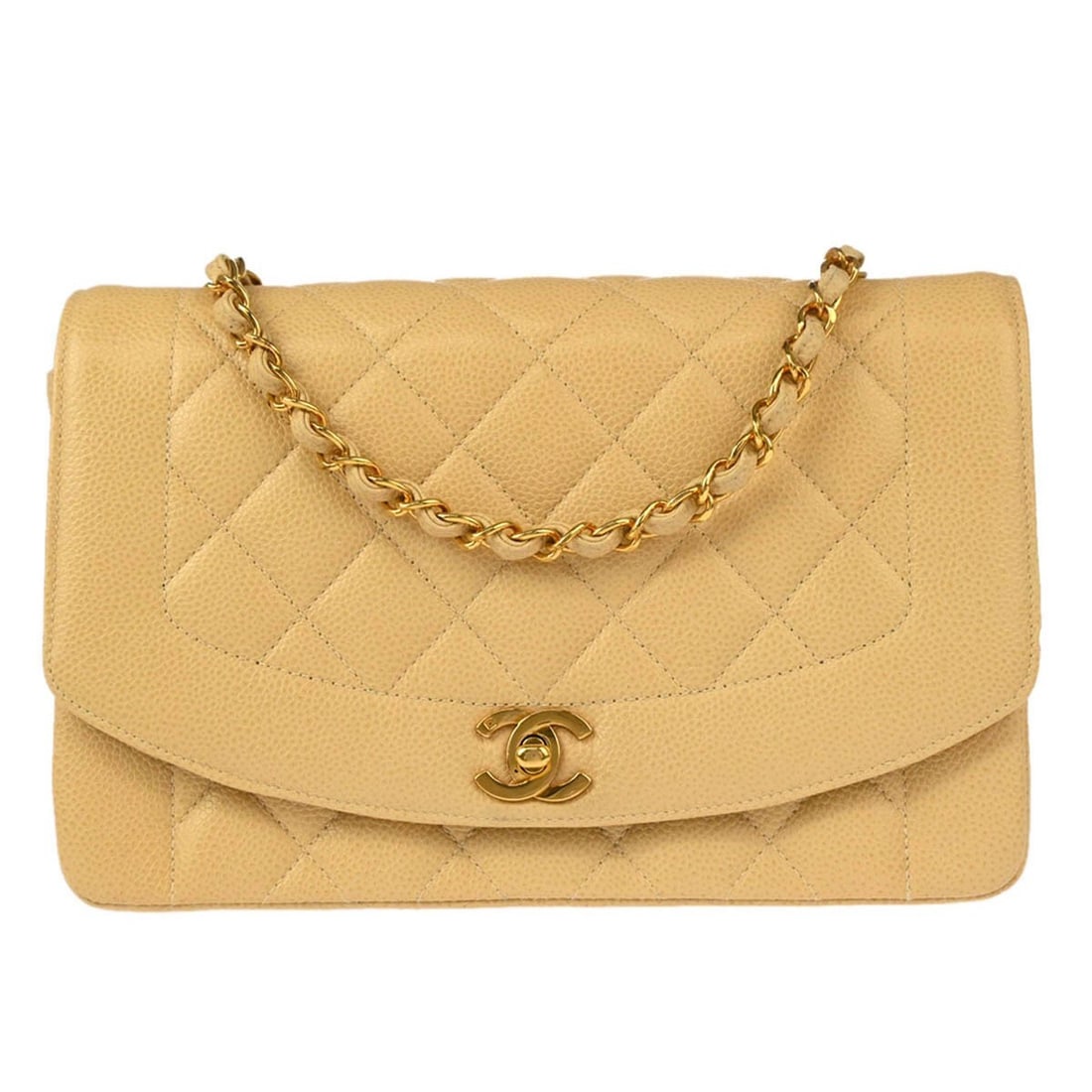 CHANEL Diana Beige Caviar Skin Quilted Shoulder Bag: CHANEL Diana Beige Caviar Skin Quilted Shoulder Bag This Chanel Diana Shoulder Bag features a beige quilted caviar calfskin exterior, complemented by a classic flap turnlock closure and a chain crossb