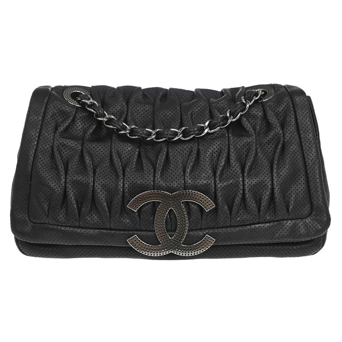 CHANEL Matelasse Black Lambskin Shoulder Bag: CHANEL Matelasse Black Lambskin Shoulder Bag This Chanel shoulder bag features black perforated lambskin leather with a matelasse pattern, offering a stylish and elegant design. The medium-sized bag i
