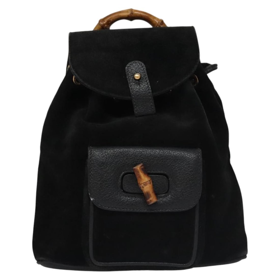 Gucci black suede bamboo backpack for women Italy: Gucci black suede bamboo backpack for women Italy This Gucci bamboo backpack is crafted from black suede and designed for women. Made in Italy, it features signature bamboo accents and a compact size.