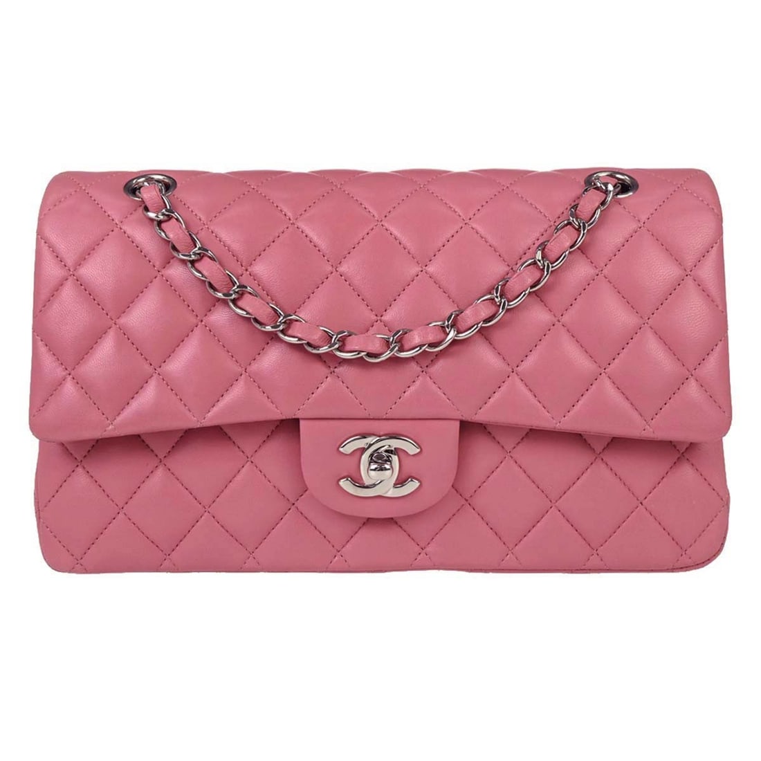CHANEL Classic Flap Pink Lambskin Shoulder Bag Medium: CHANEL Classic Flap Pink Lambskin Shoulder Bag Medium This Chanel Classic Double Flap Shoulder Bag is crafted from pink lambskin leather and features a medium-sized silhouette. It is designed with a t