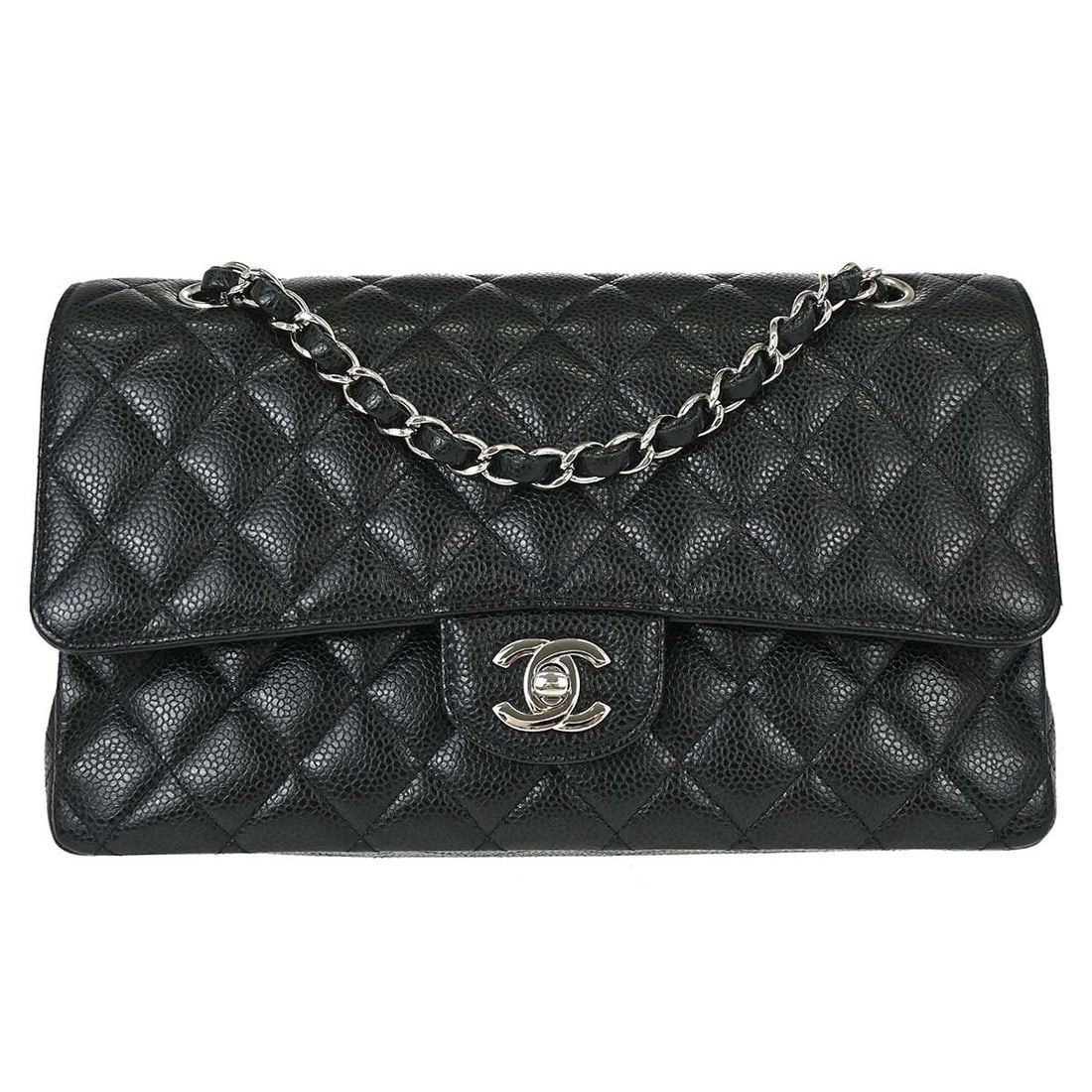 CHANEL Classic Flap Black Calfskin Medium Shoulder Bag: CHANEL Classic Flap Black Calfskin Medium Shoulder Bag This Chanel Medium Classic Double Flap Shoulder Bag features black calfskin leather with a turn lock closure and a versatile shoulder strap. The 