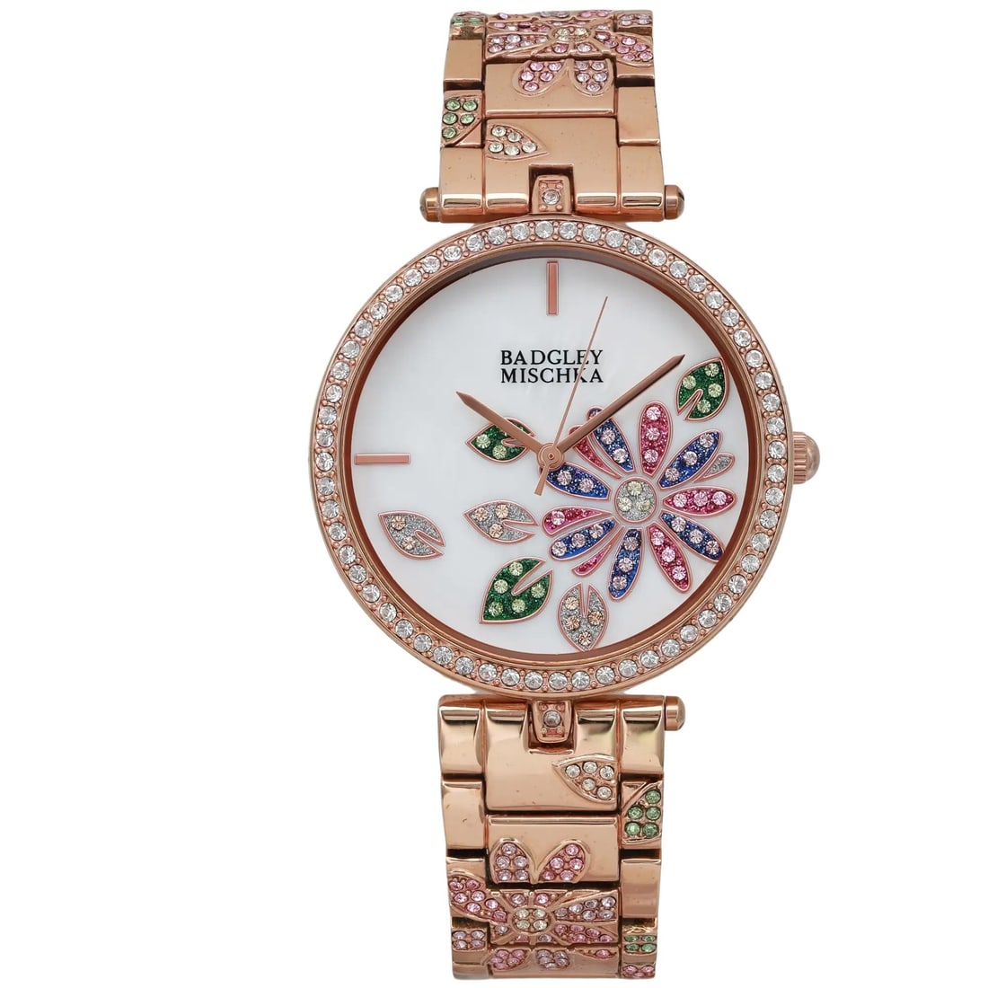 Badgley Mischka 36mm Rose Gold-Tone Mother of Pearl Floral Dial Watch BA/1388MPRG: Badgley Mischka 36mm Rose Gold-Tone Mother of Pearl Floral Dial Watch BA/1388MPRG This Badgley Mischka wristwatch features a stunning 36mm round case made of rose gold-tone stainless steel, accentuate