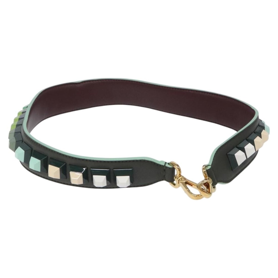 Fendi Green Leather Shoulder Strap with Gold Accents for Women: Fendi Green Leather Shoulder Strap with Gold Accents for Women This FENDI shoulder strap is crafted from green leather with gold-tone accents. Designed for women, it features a width of approximately 