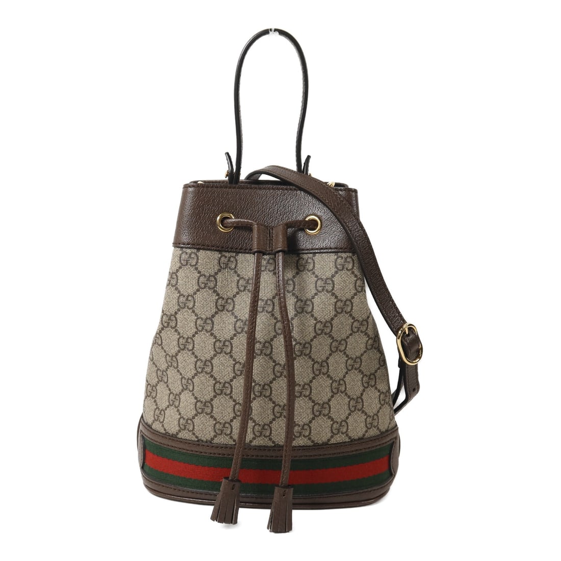 Gucci Ophidia GG beige coated canvas bucket shoulder bag 550621: Gucci Ophidia GG beige coated canvas bucket shoulder bag 550621 This Gucci Ophidia GG bucket shoulder bag features a beige PVC coated canvas exterior with calfskin leather accents. Designed as a 2-way