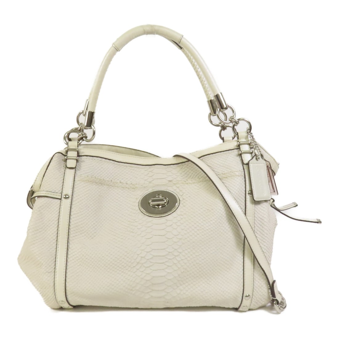 White calfskin 2way shoulder bag by Coach: White calfskin 2way shoulder bag by Coach This COACH 2-way shoulder bag is crafted from white calfskin leather, offering both elegance and versatility. Designed with a regular size type, it features r