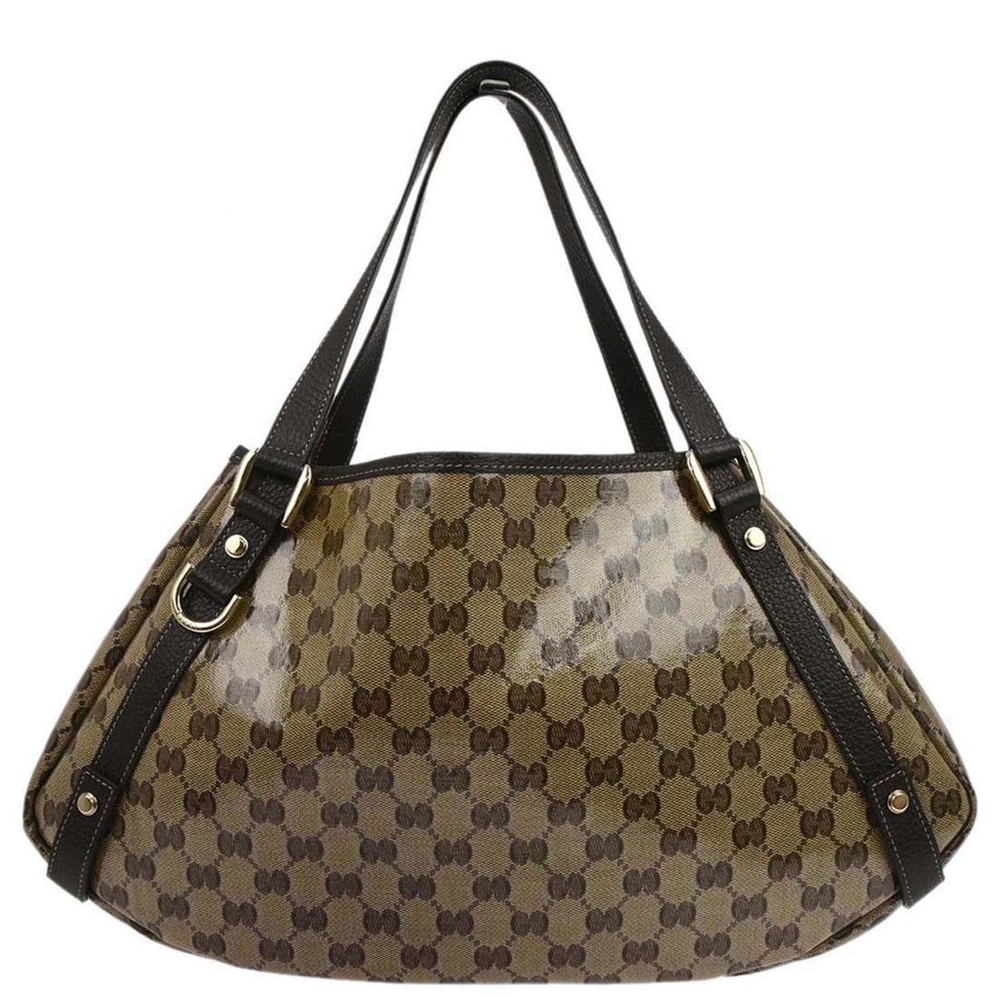 Gucci Abbey D Ring Large Brown PVC Leather Tote Bag: Gucci Abbey D Ring Large Brown PVC Leather Tote Bag This Gucci Abbey D Ring Tote Handbag features a brown PVC exterior with leather accents. The large tote is designed for women and offers a spacious 