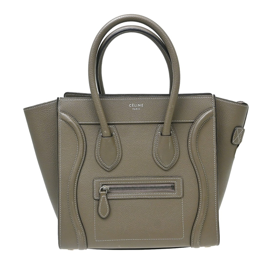 CELINE Mini Luggage gray leather top handle tote: CELINE Mini Luggage gray leather top handle tote This Celine Mini Luggage Tote Bag features a gray leather exterior with double handles and a convenient zipper closure. Designed for casual occasions, 