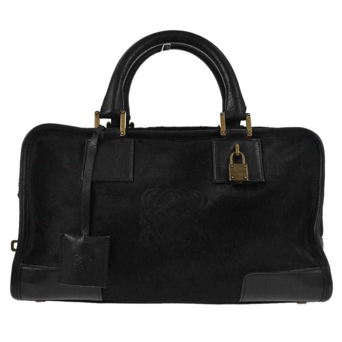 Loewe Amazona 28 Black Pony Hair Leather Top Handle Bag Medium: Loewe Amazona 28 Black Pony Hair Leather Top Handle Bag Medium The Loewe Amazona 28 handbag features a sleek black pony hair exterior with leather accents and double leather handles. Designed in a med