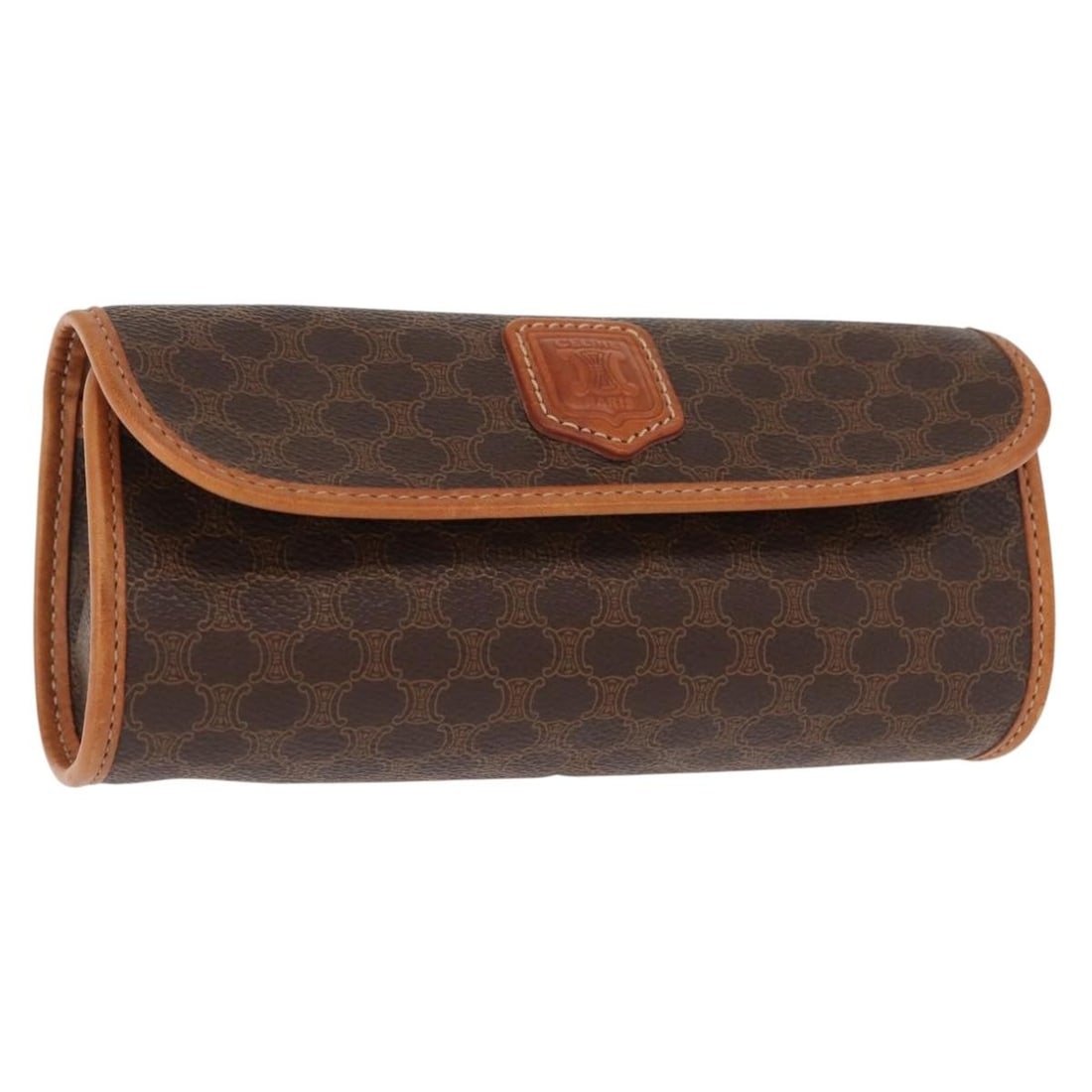 CELINE Macadam Canvas Brown Pouch PVC Leather Italy Authenticated: CELINE Macadam Canvas Brown Pouch PVC Leather Italy Authenticated This stylish CELINE Macadam Canvas Pouch seamlessly combines elegance and practicality. Crafted in Italy, this pouch features a durabl
