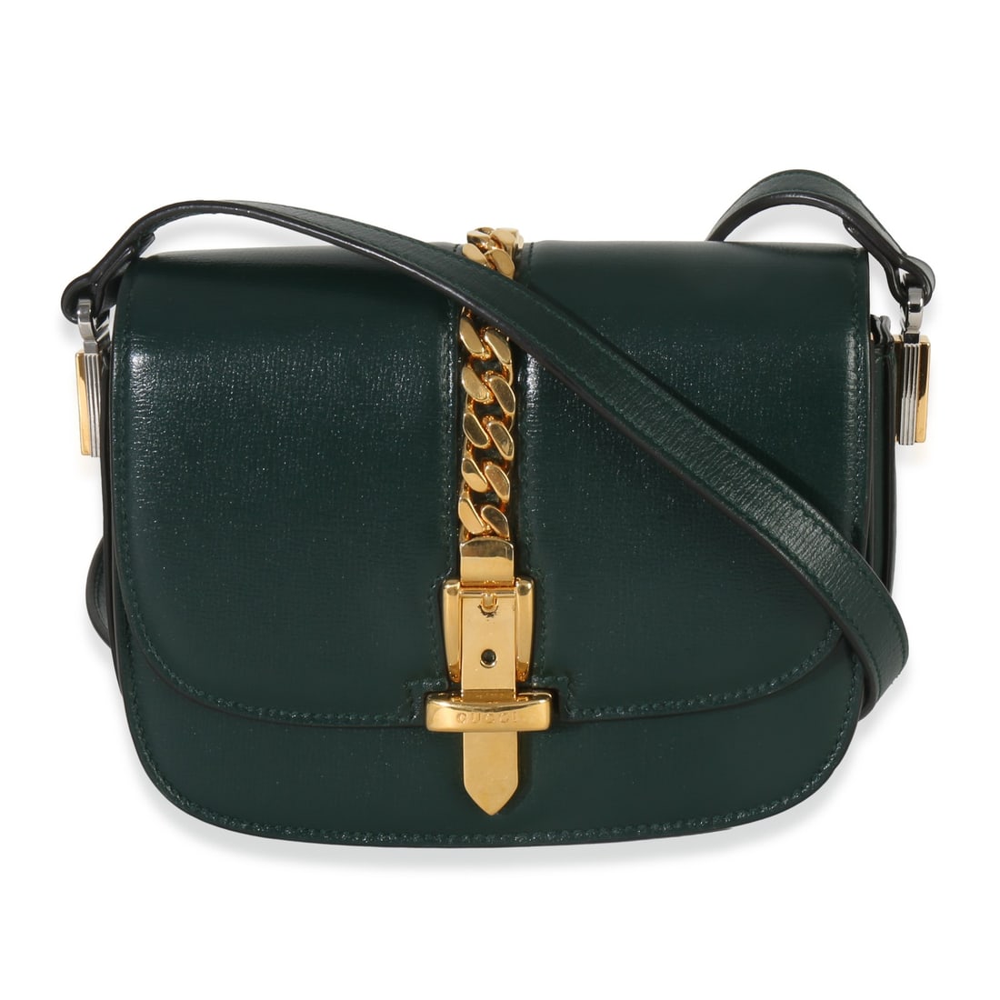 Gucci Mini Sylvie 1969 green calfskin crossbody bag: Gucci Mini Sylvie 1969 green calfskin crossbody bag This Gucci Mini Sylvie 1969 bag features dark green calfskin leather with gold-tone hardware. The compact design includes a turnlock closure, leathe