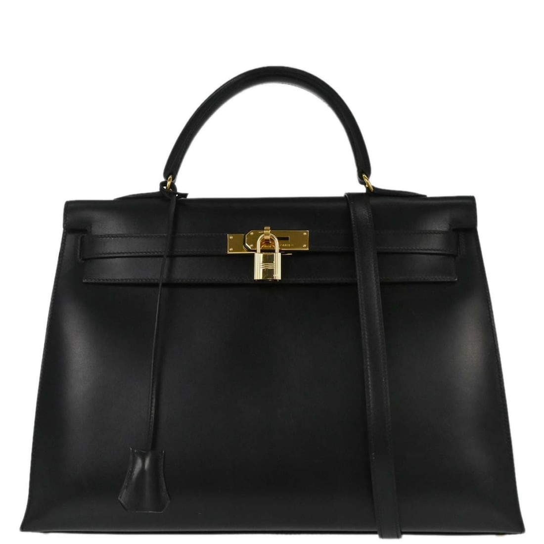 Hermes Kelly 35 Sellier Black Box Calf Leather Large 2way Top Handle Bag: Hermes Kelly 35 Sellier Black Box Calf Leather Large 2way Top Handle Bag This Hermes Kelly 35 Sellier 2-way handbag features a black box calf leather exterior with a structured silhouette. The bag is 