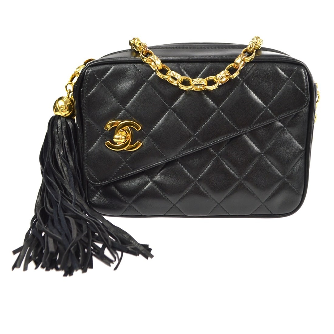 Chanel Matelasse Black Lambskin Fringe Chain Shoulder Bag: Chanel Matelasse Black Lambskin Fringe Chain Shoulder Bag This Chanel shoulder bag is crafted from luxurious black lambskin leather with a signature quilted matelasse pattern. It features a chic fring