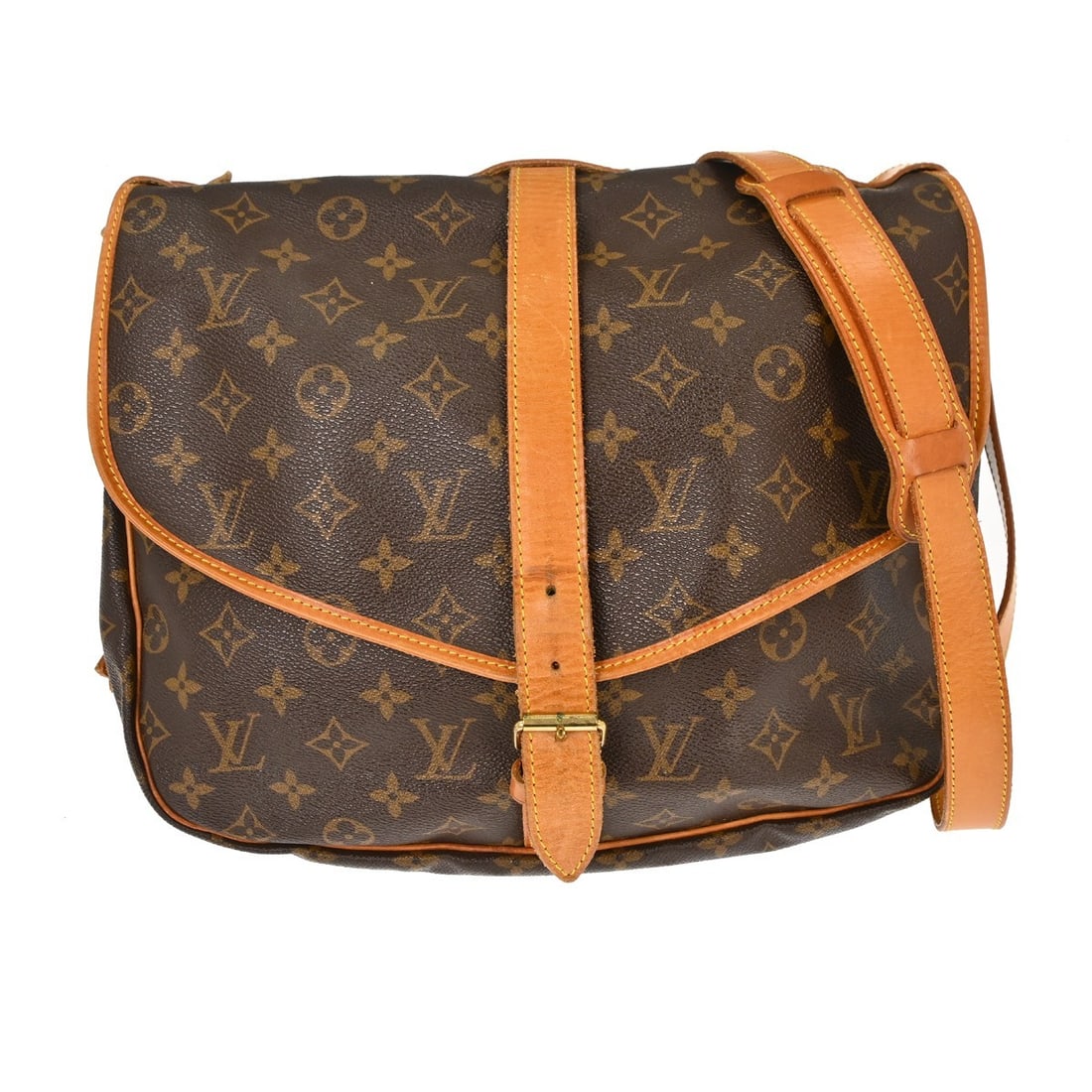 Louis Vuitton Saumur 35 Monogram Crossbody Bag: Louis Vuitton Saumur 35 Monogram Crossbody Bag This Louis Vuitton Saumur 35 shoulder bag features the classic monogram canvas leather exterior with brown leather crossbody strap and buckle closure. Th