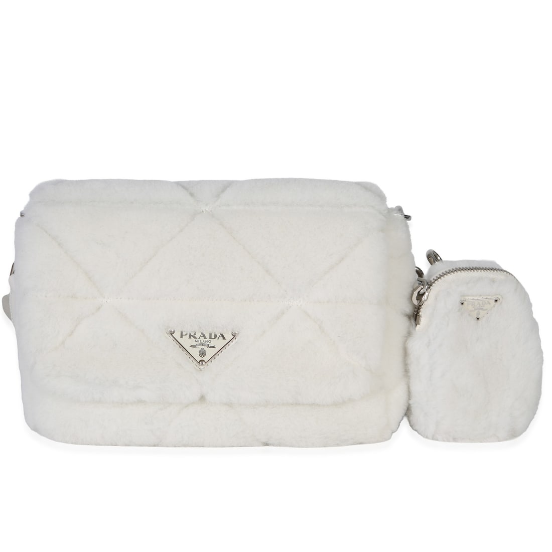 Prada shearling patchwork flap shoulder bag white: Prada shearling patchwork flap shoulder bag white This Prada Shearling Patchwork System Flap Bag features a unique white exotic material exterior with a stylish patchwork design. The bag is equipped w