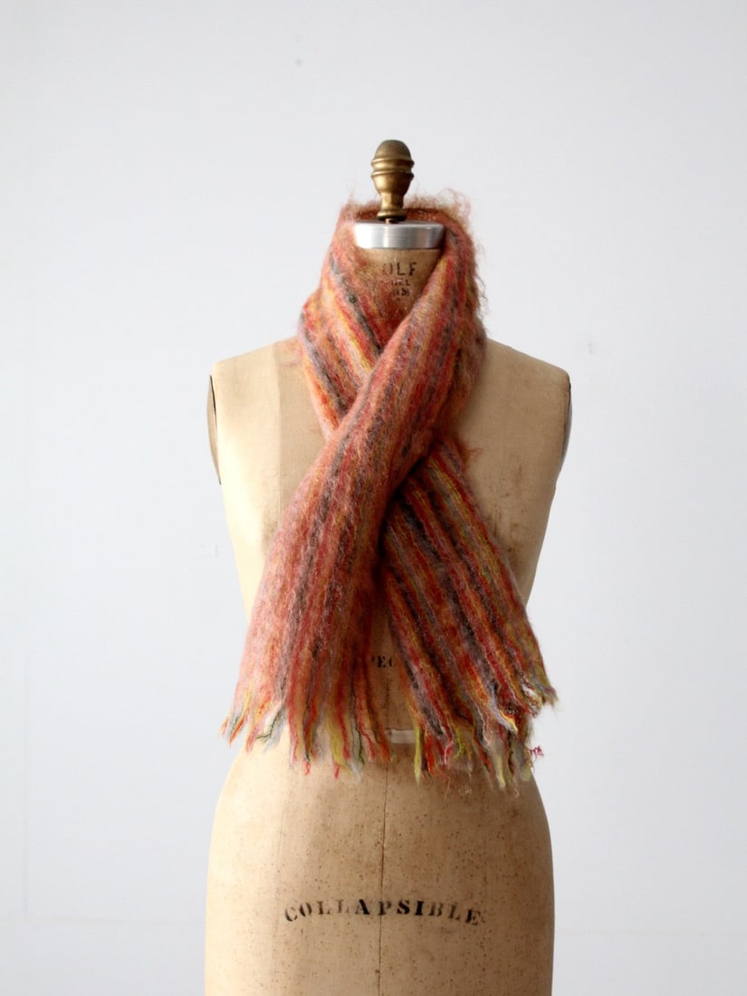 Vintage Glen Cree Mohair Scarf Elegant Striped Design Fringed Edge: Vintage Glen Cree Mohair Scarf Elegant Striped Design Fringed Edge This vintage mohair scarf from Glen Cree of Scotland showcases an elegant design with a subtle striped pattern in blush pink, gold, g