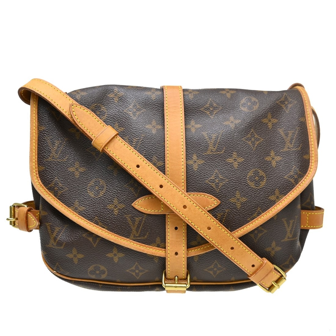 Louis Vuitton Saumur Monogram Canvas Crossbody Bag: Louis Vuitton Saumur Monogram Canvas Crossbody Bag This Louis Vuitton Saumur handbag features the brand's classic monogram canvas in brown. Designed as a unisex accessory, it offers a spacious interio
