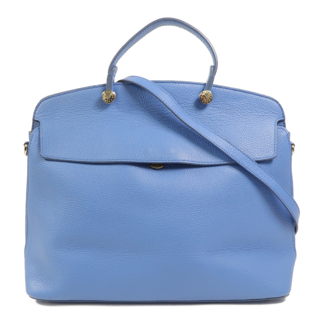 Furla Blue Calfskin 2 Way Shoulder Bag GHW: Furla Blue Calfskin 2 Way Shoulder Bag GHW This Furla 2-way shoulder bag is crafted from blue calfskin leather and offers versatile carrying options. Designed for women, it features a structured silho