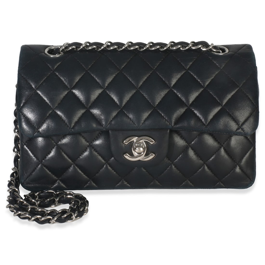 Chanel Small Double Flap Black Lambskin Shoulder Handbag with Silver-Tone Hardware: Chanel Small Double Flap Black Lambskin Shoulder Handbag with Silver-Tone Hardware This Chanel Small Classic Double Flap Bag features black quilted lambskin leather with a red leather interior. The ba