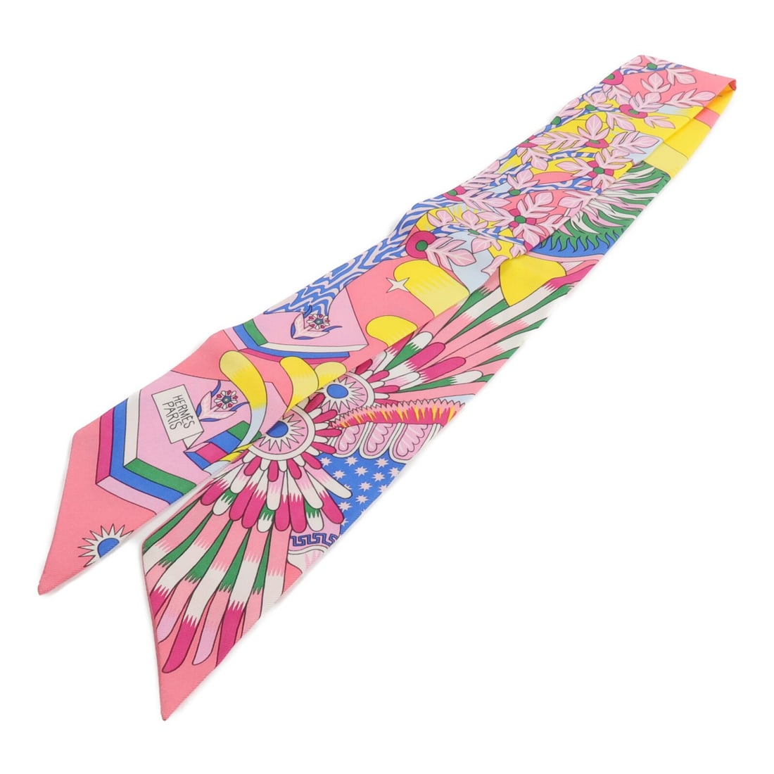 Hermes Twilly silk scarf in pink and yellow: Hermes Twilly silk scarf in pink and yellow This Hermes Twilly scarf is crafted from luxurious silk in a vibrant pink and yellow color palette. Designed for women, it offers a versatile accessory opti
