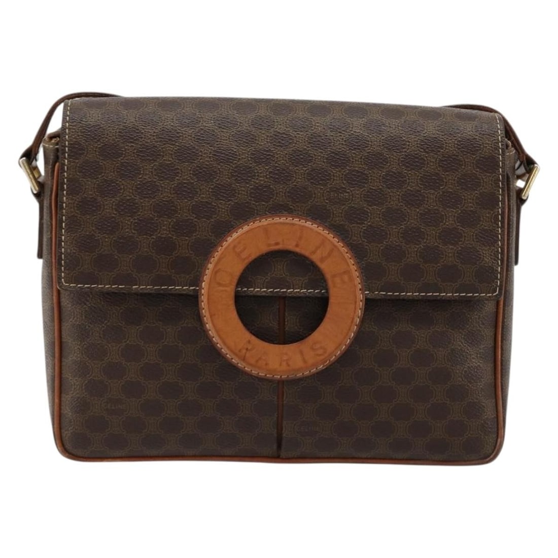 Celine Macadam Circle Logo canvas shoulder bag: Celine Macadam Circle Logo canvas shoulder bag This Celine Vintage Macadam Circle Logo Shoulder Bag is crafted from brown canvas with leather accents and features the iconic circle logo design. The ba