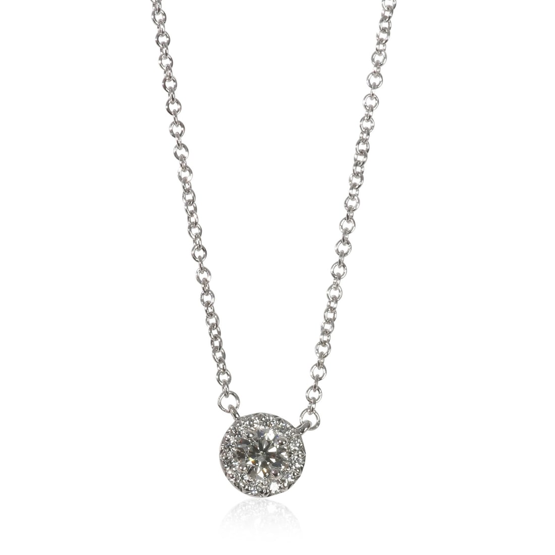 Tiffany & Co. Soleste platinum diamond pendant with box: Tiffany & Co. Soleste platinum diamond pendant with box This Tiffany & Co. Soleste pendant features a round brilliant diamond set in platinum, offering timeless elegance. The necklace measures 16 inch