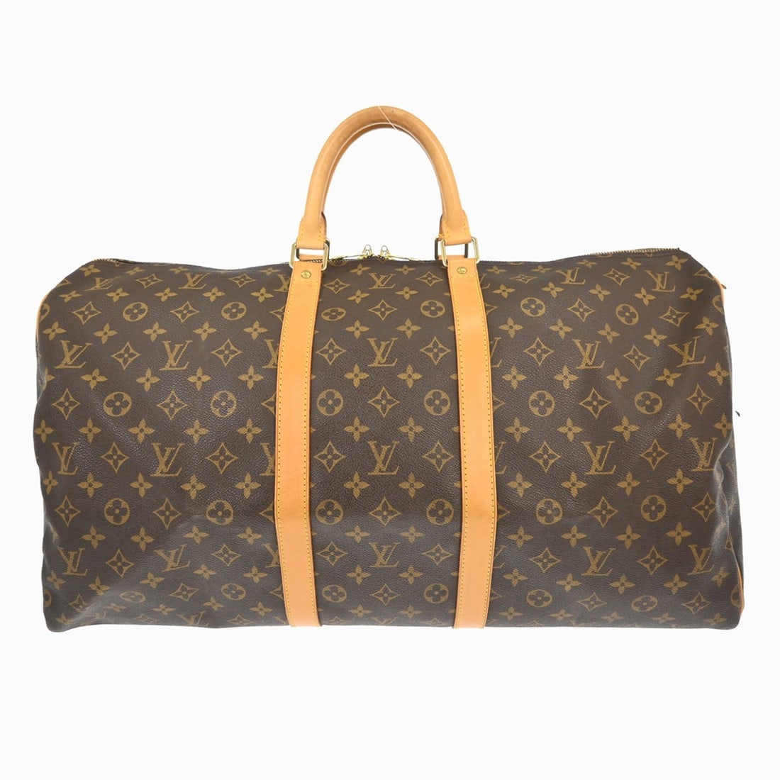 Louis Vuitton Keepall Monogram Canvas Travel Bag 55cm: Louis Vuitton Keepall Monogram Canvas Travel Bag 55cm This Louis Vuitton Keepall Bag features the iconic monogram canvas in brown and is designed for unisex use. The bag shows visible signs of wear, i