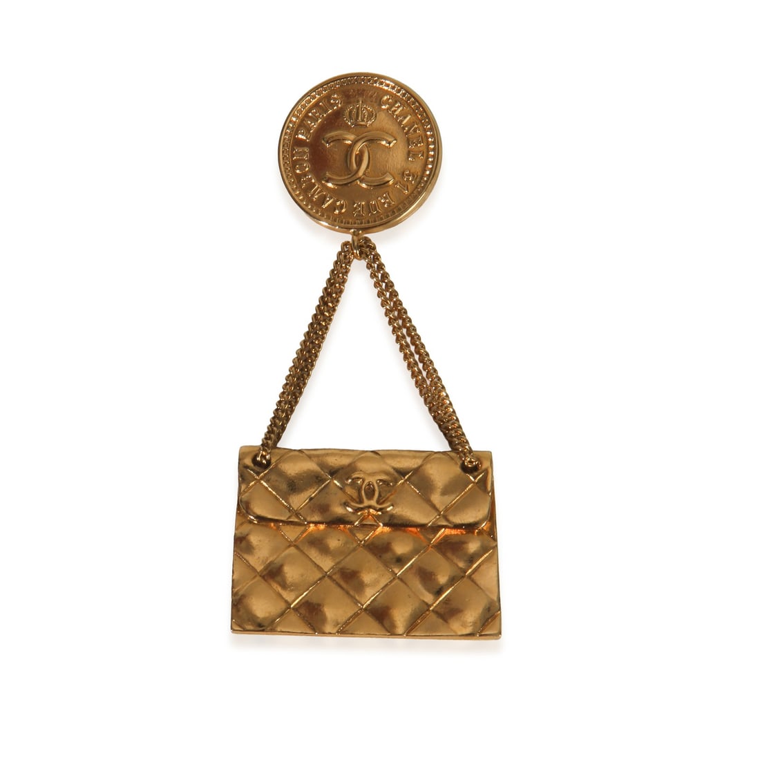 Chanel Vintage Matelasse Bag Gold Plated Brooch with Box: Chanel Vintage Matelasse Bag Gold Plated Brooch with Box This Chanel vintage brooch is crafted in gold-plated metal and features the iconic Matelasse bag design. It is a stylish accessory suitable for